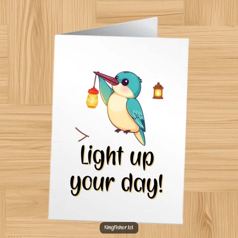 Funny Free Printable Birthday Card with a delighted kingfisher bird holding a tiny, glowing lantern aloft, spreading birthday cheer.
