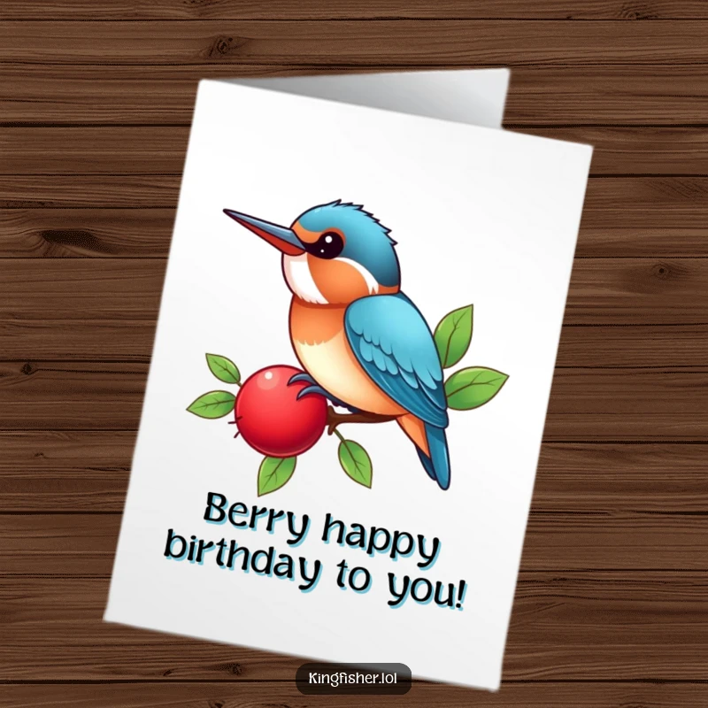 Free printable birthday card: A kawaii kingfisher bird chirps happily while perched on a bright red berry, sending cheerful birthday wishes.