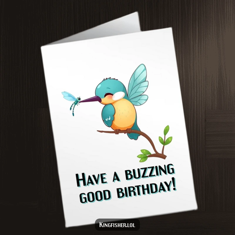 Funny Free Printable Birthday Card: Small smiling kingfisher bird pecking playfully at a shimmering dragonfly.