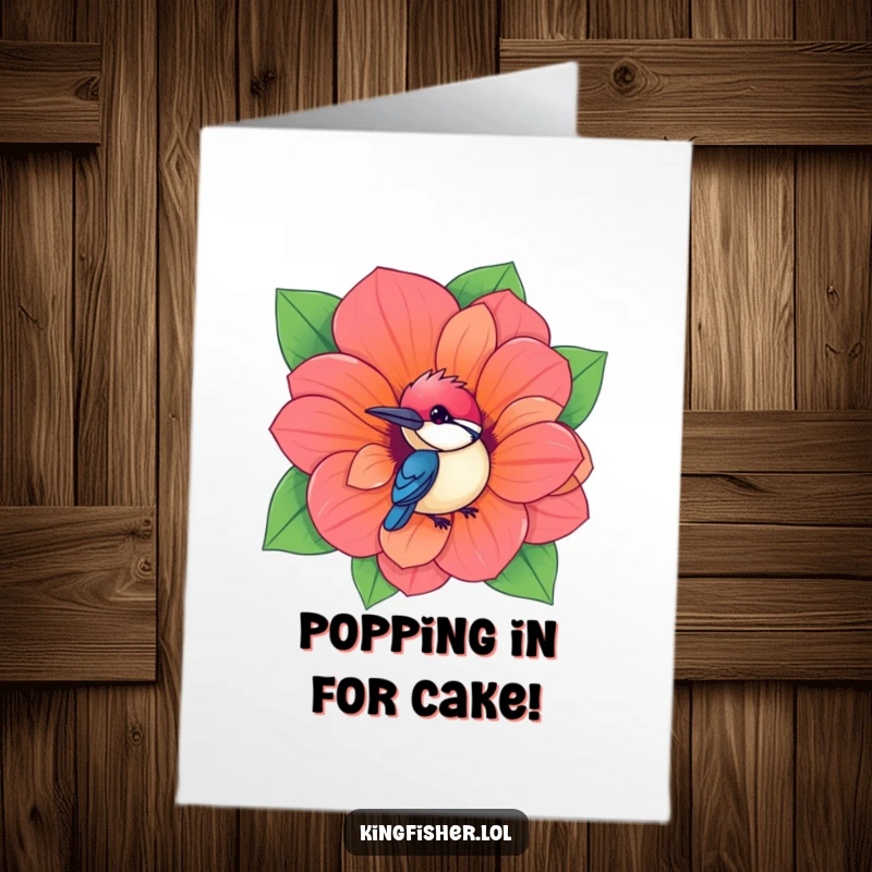 Free printable birthday card: Kawaii kingfisher bird peeking playfully from a hole in a giant, vibrant flower, offering cheerful birthday wishes.
