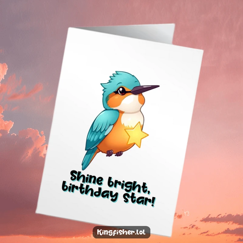 Funny Free Printable Birthday Card: Kingfisher winking mischievously while holding a bright, glowing star, sending magical birthday wishes.
