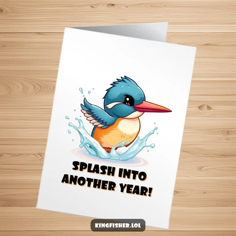 Funny Free Printable Birthday Card: Energetic Kingfisher joyfully splashing water with its beak, celebrating a special day.