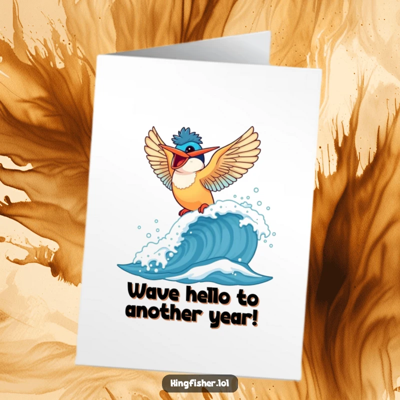 Funny Free Printable Birthday Card: Kingfisher bird joyfully riding a surf wave, wings flapping, celebrating a special day.