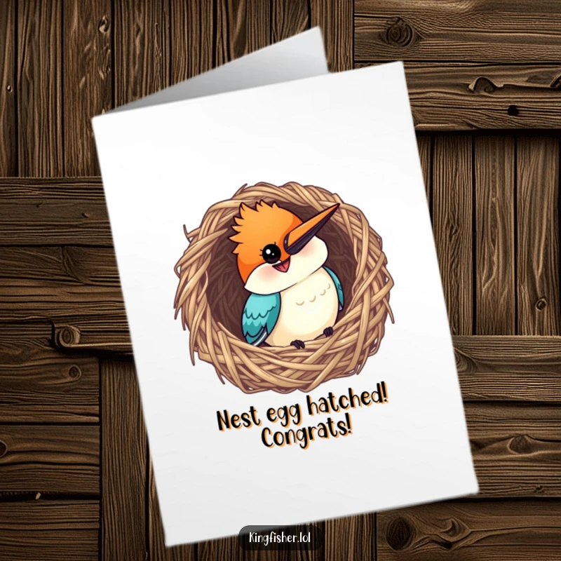 Funny Free Printable Congratulations Card: Curious kingfisher peeking from its nest with a knowing, triumphant grin.