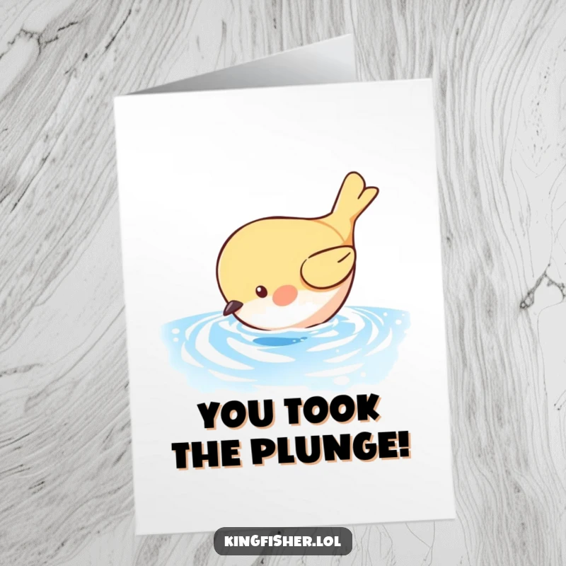 Free Printable Congratulations Card: A round bird bravely dives towards shimmering blue water, symbolizing a big achievement, unique art.