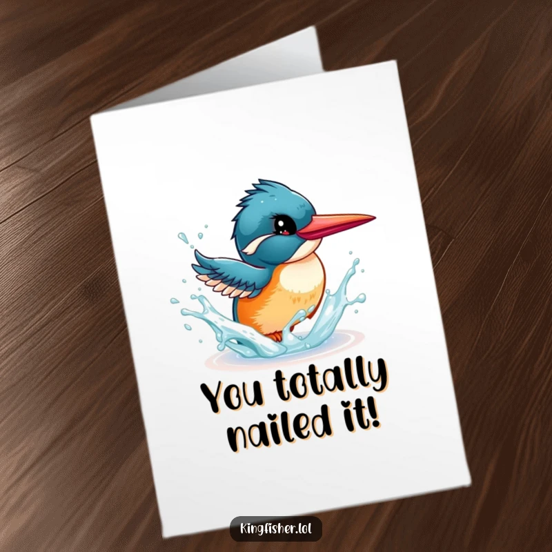 Funny Free Printable Congratulations Card: Energetic Kingfisher splashing water, celebrating an amazing accomplishment with pure glee.