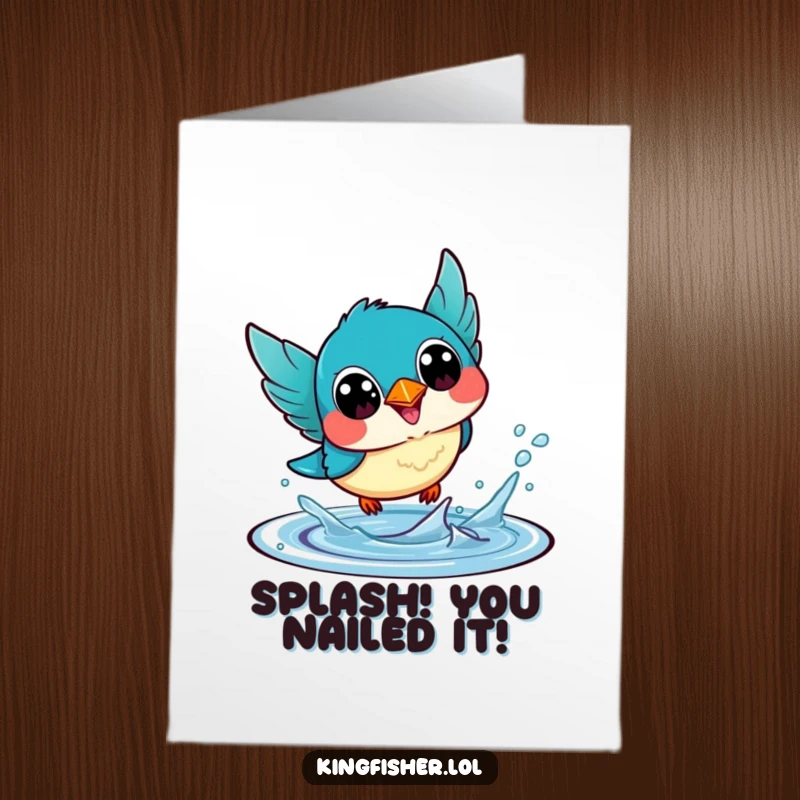 Funny Free Printable Congratulations Card of a kawaii kingfisher bird with happy eyes diving into water, celebrating achievement.