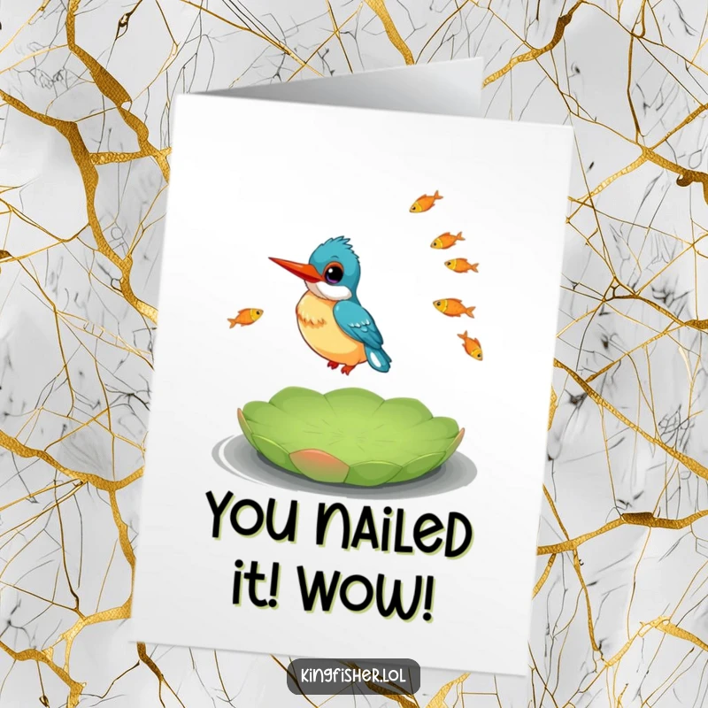 Funny Free Printable Congratulations Card: A happy kingfisher juggles tiny fish while balancing on a lily pad.