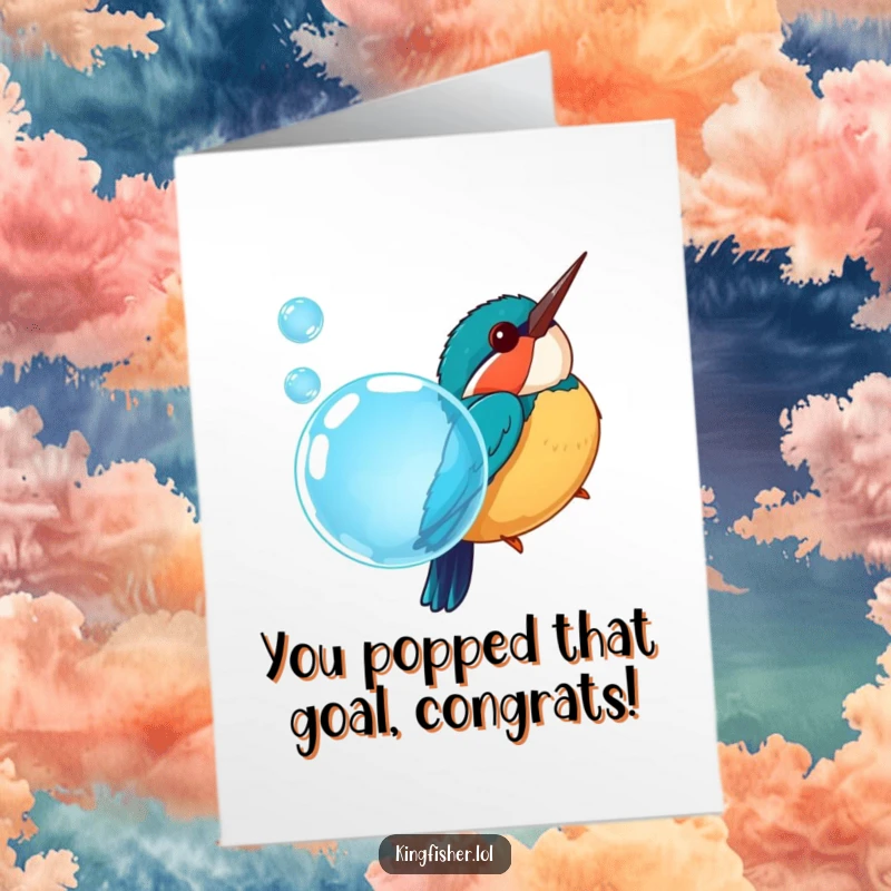 Funny Free Printable Congratulations Card: A cheerful kingfisher bird in a comical dive into a shimmering blue bubble.