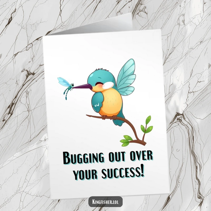 Funny Free Printable Congratulations Card: Small smiling kingfisher bird pecking playfully at a shimmering dragonfly.