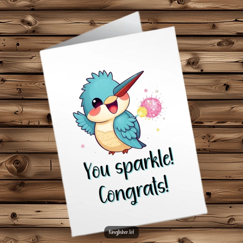 Funny Free Printable Congratulations Card: A kawaii kingfisher joyfully throws a glitter bomb in celebration.