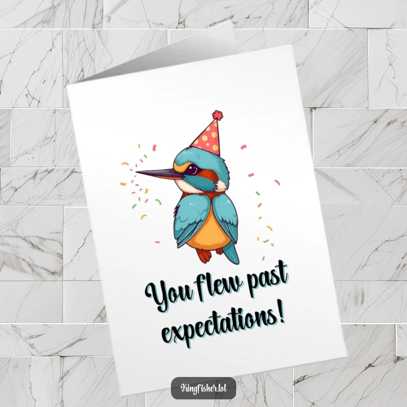 Funny Free Printable Congratulations Card: A kingfisher bird in a party hat firing a confetti cannon for a joyous celebration.