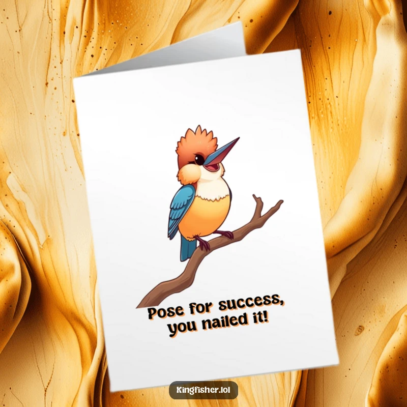 Funny Free Printable Congratulations Card: Proud kingfisher striking a dramatic pose on a branch, celebrating your win.