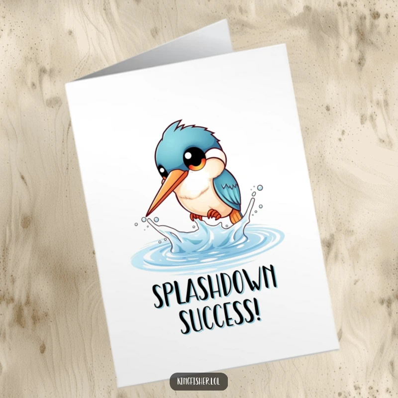 Free Printable Congratulations Card: A fun kingfisher with large eyes joyfully splashes water, perfect for celebrating achievements with humor.