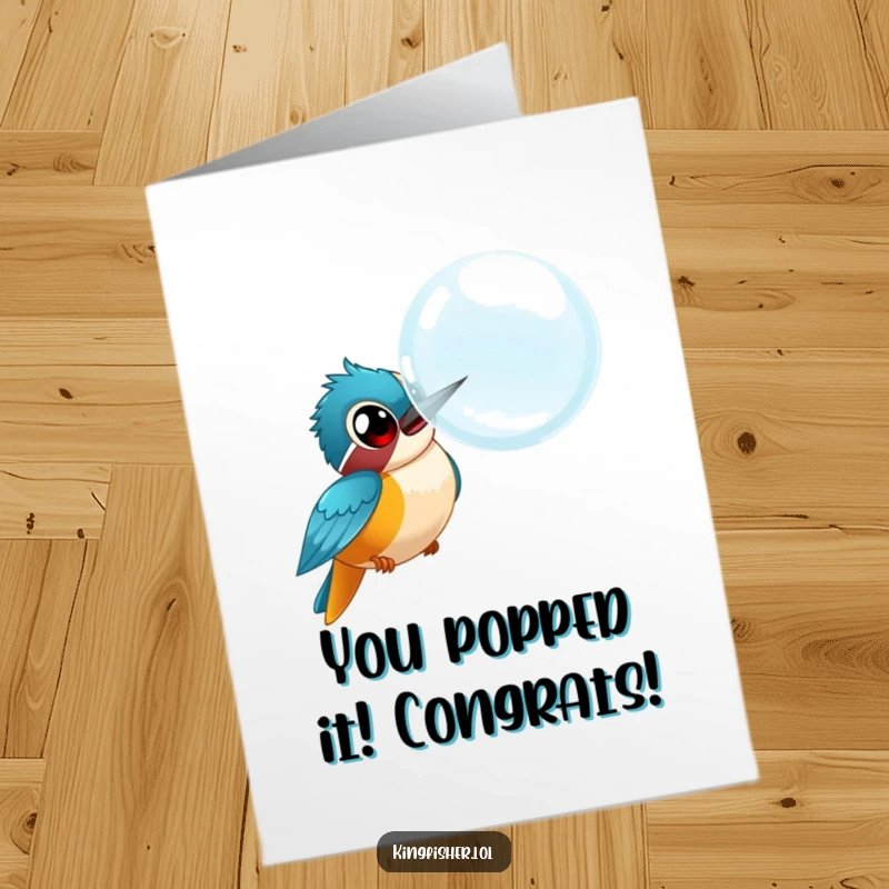 Funny Free Printable Congrats Card: Kingfisher Bird Wide-Eyed Chasing a Giant Bubble, celebrating a great achievement.