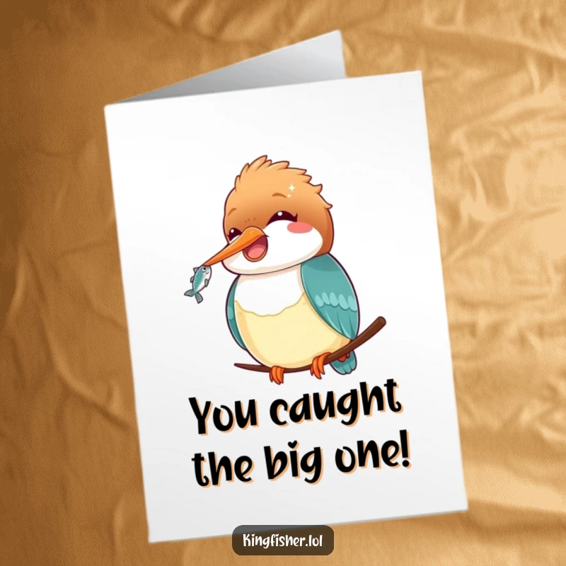 Funny Free Printable Kawaii Kingfisher Congratulations Card: Cute bird proudly holding a small fish, celebrating a successful achievement.