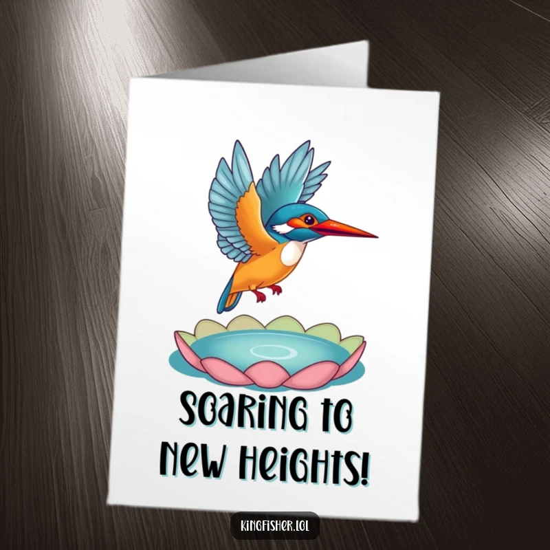 Funny Free Printable Kingfisher Congratulations Card: Majestic bird soaring from a lily pad, symbolizing a triumphant new beginning.