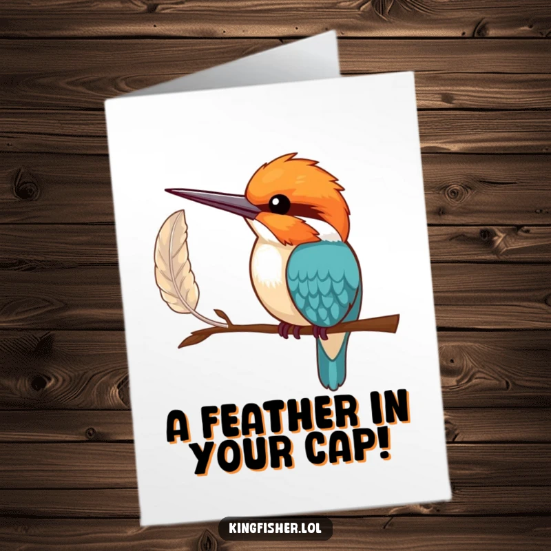 Funny Free Printable Congratulations Card with a shy kingfisher bird offering a single, perfect feather with one wing, a tender congratulatory gesture.