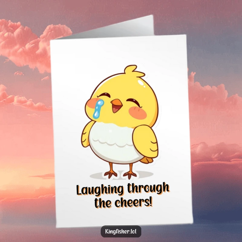 Free Printable congratulations card depicting a bird overcome with laughter, shedding a single tear, a truly comical and heartwarming image.