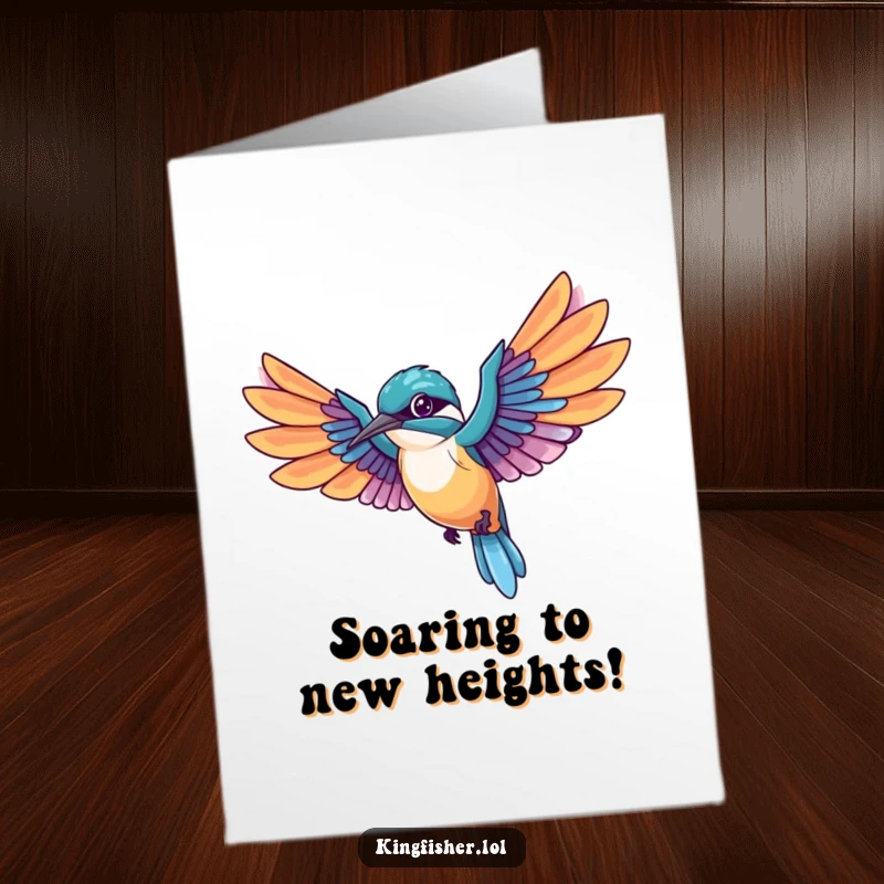 Free printable congratulations card: A kawaii kingfisher bird in mid-flight with wings spread wide, trailing feathers, celebrating achievement.