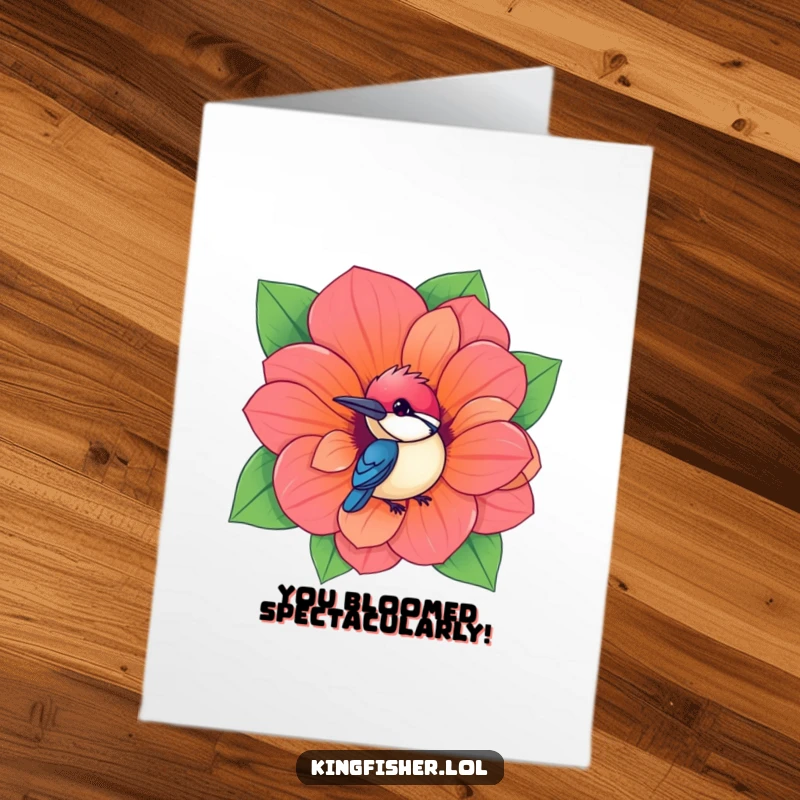 Free printable congratulations card: Kawaii kingfisher bird peeks from a vibrant flower hole, celebrating happy achievements with charm.