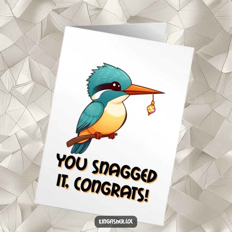 Cute Free Printable Kawaii Kingfisher Congratulations Card: A kawaii kingfisher proudly holds a sparkling tiny fish, celebrating success.