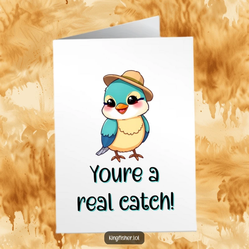 Funny Free Printable Congratulations Card: A tiny kingfisher sporting a fishing hat offers cheerful congrats with a silly grin.