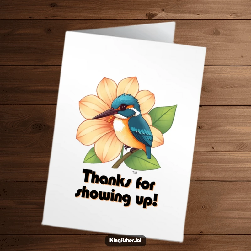 Funny Free Printable Thank You Card: A curious kingfisher peeks from behind a large flower expressing thanks.
