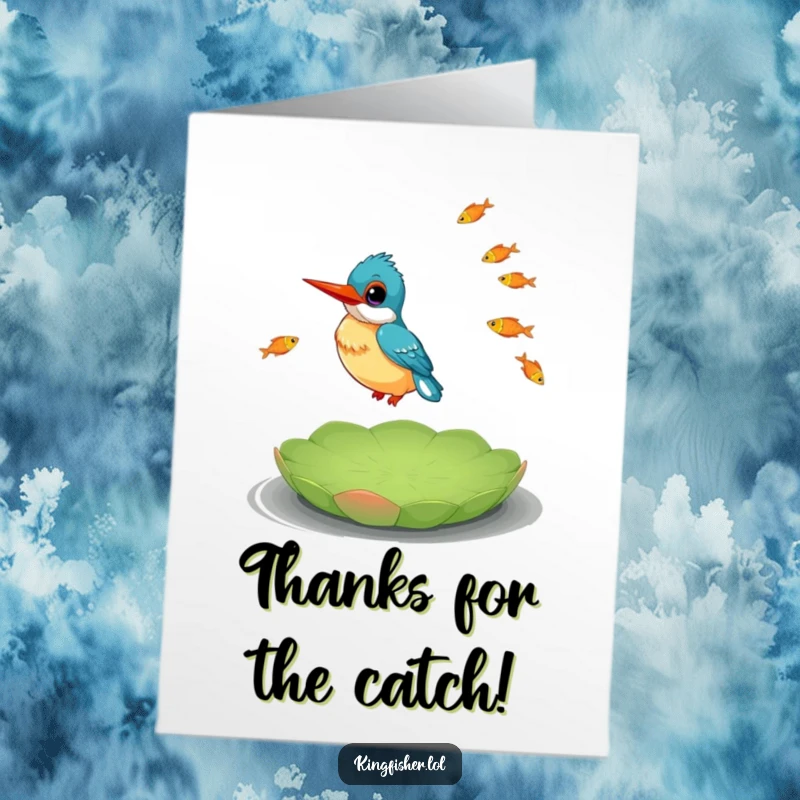 Funny Free Printable Thank You Card: A kingfisher juggles fish precariously on a lily pad, thanking you.