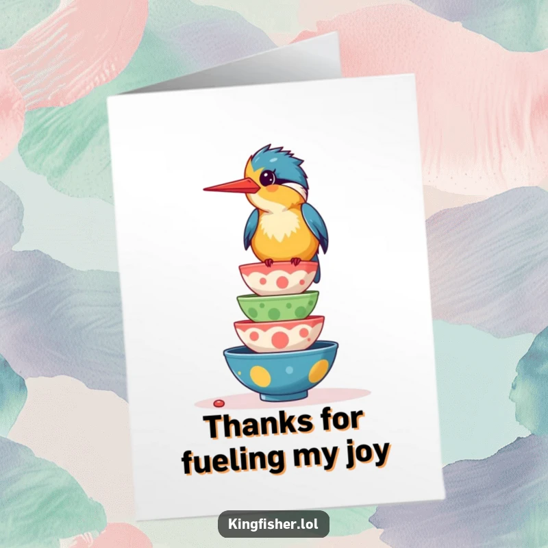Funny Free Printable Thank You Card: A giggling kingfisher bird balancing a colorful stack of wobbling food bowls, expressing thanks.