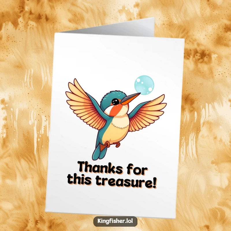 Funny Free Printable Thank You Card featuring a charming kingfisher bird with outstretched wings playing with a floating bubble. Easy DIY.