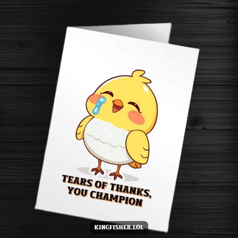 Funny Free Printable thank you card featuring a bird laughing uncontrollably, with one large tear escaping, making for a comical expression of thanks.