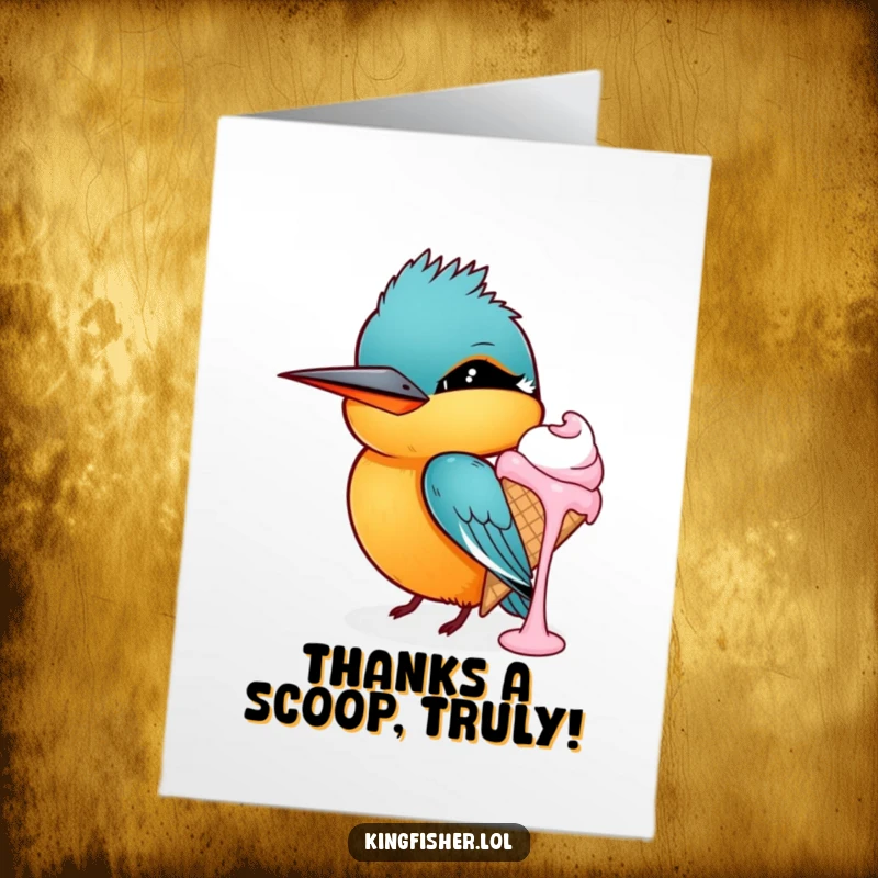 Funny Free Printable Thank You Card: Kingfisher Bird Winking with a Mischievous Grin, Holding Dripping Ice Cream, sweet thanks.