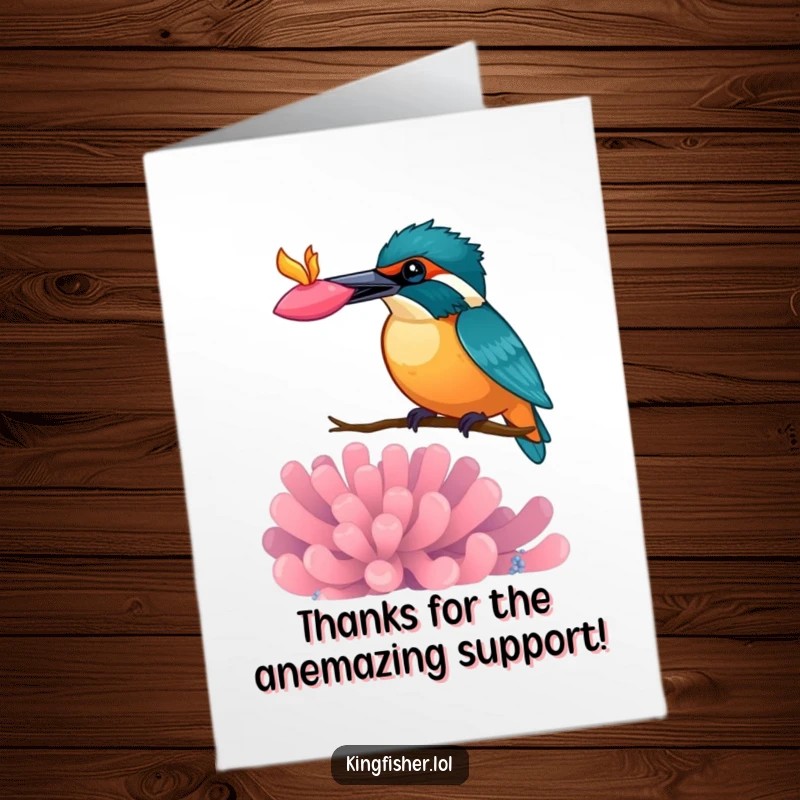 Funny Free Printable Thank You Card: Kingfisher Bird Skillfully Balancing a Bright Anemone on its Beak, unique thanks.