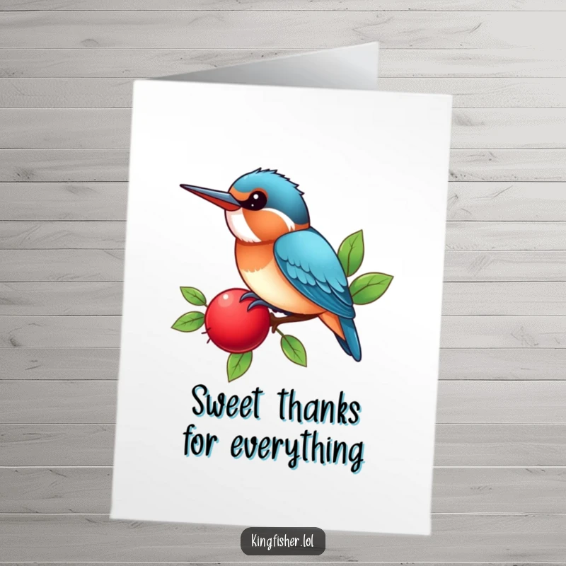 Free printable thank you card: A kawaii kingfisher bird chirps happily while perched on a bright red berry, a sweet expression of thanks.