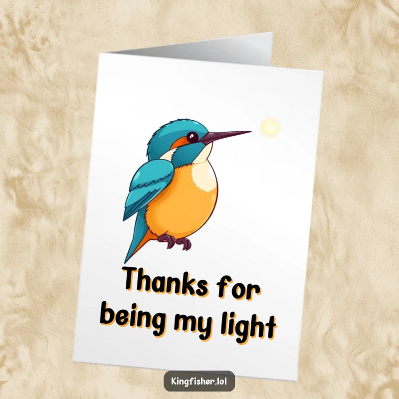 Free Printable thank you card with an excited kingfisher pointing its wing towards a distant glowing light, conveying thanks and appreciation.