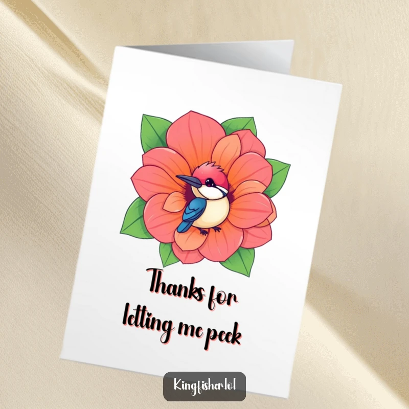 Free printable thank you card: A kawaii kingfisher bird peeks from a large, vibrant flower, offering a cute and heartfelt thanks.
