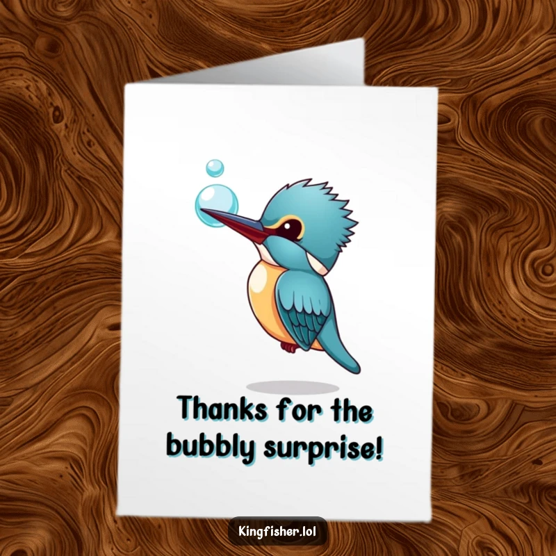 Funny Free Printable Kingfisher Thank You Card: Kingfisher tilting its head curiously at a floating bubble, expressing thanks humorously.