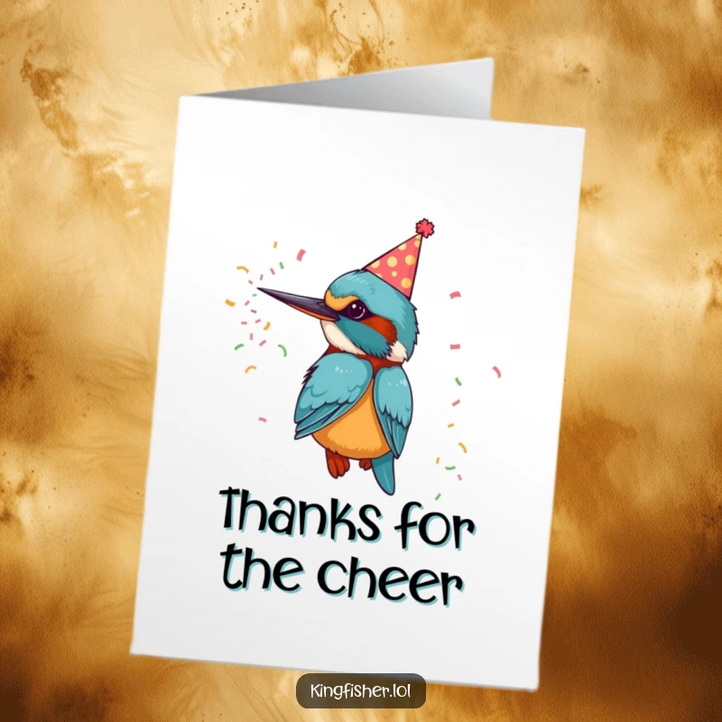 Funny Free Printable Thank You Card: A kingfisher bird in a party hat shooting confetti, expressing thanks with joy.