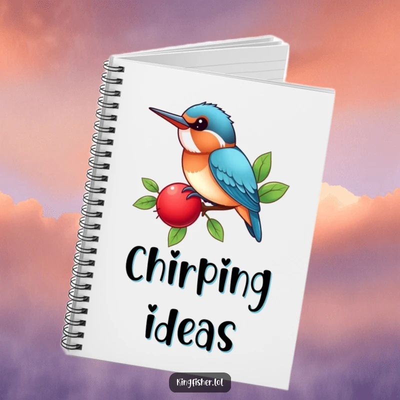 Funny Kingfisher Notebook featuring a kawaii bird happily perched on a bright red berry, chirping, ideal for notes and humorous writing.