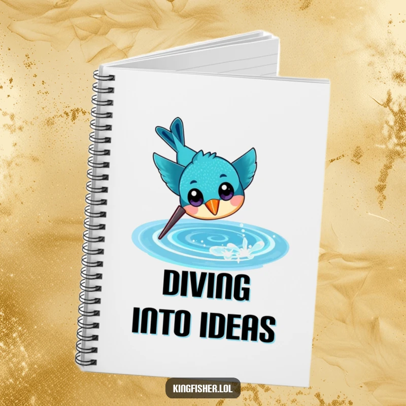 Funny notebook featuring a cheerful kingfisher with large eyes, diving headfirst towards a sparkling water surface, inspiring action.