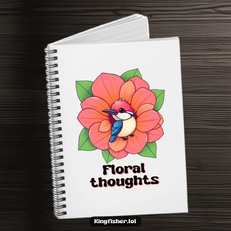 Funny Kingfisher Notebook featuring a kawaii bird peeking from a giant, vibrant flower, ideal for notes and humorous writing.
