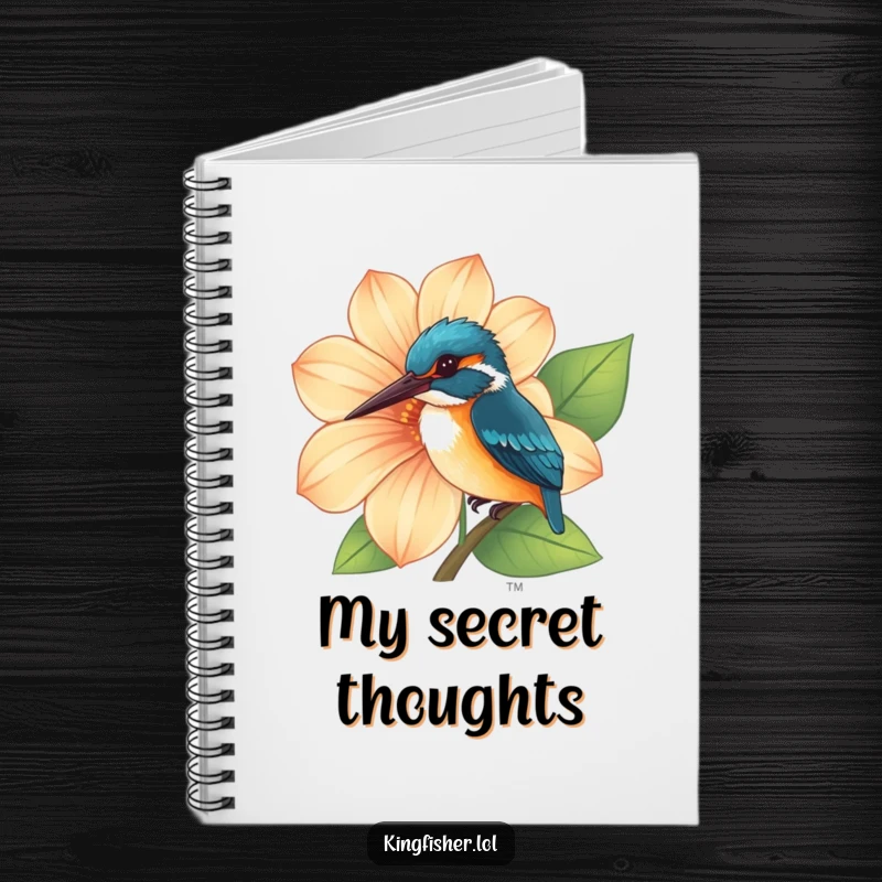 Funny Kingfisher Notebook with a curious kingfisher peeking from behind a large, vibrant flower, ideal for notes.