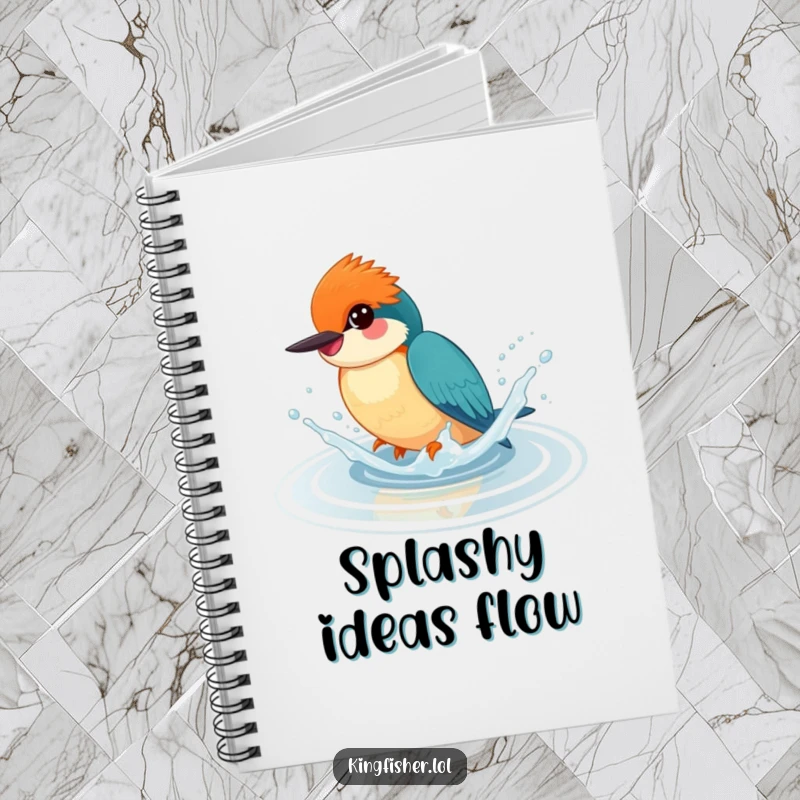 Funny notebook with a happy kingfisher splashing playfully in water, ideal for jotting down ideas with joy.