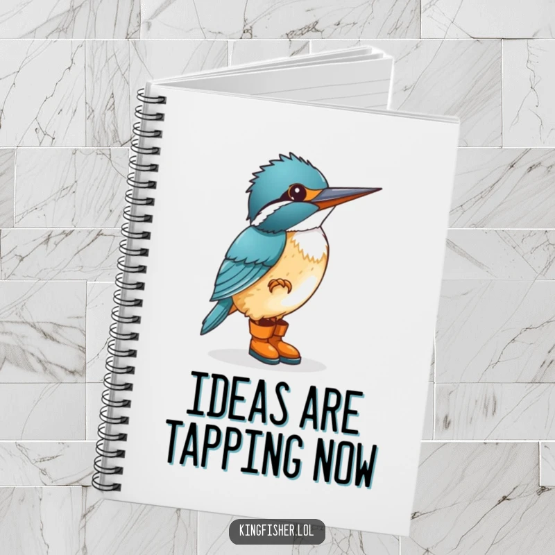 Funny kingfisher in small boots, tapping its foot excitedly, on a notebook cover, perfect for jotting down ideas humorously.