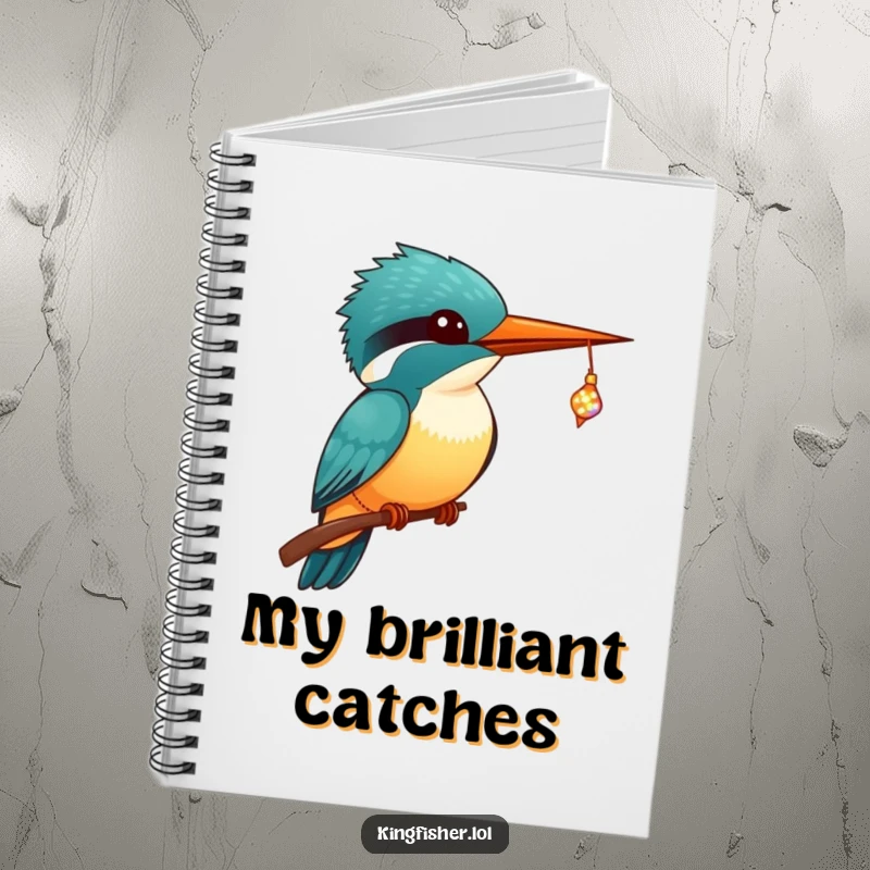 Funny Kingfisher Notebook featuring a kawaii kingfisher with wide eyes, catching a sparkling, tiny fish in its beak.