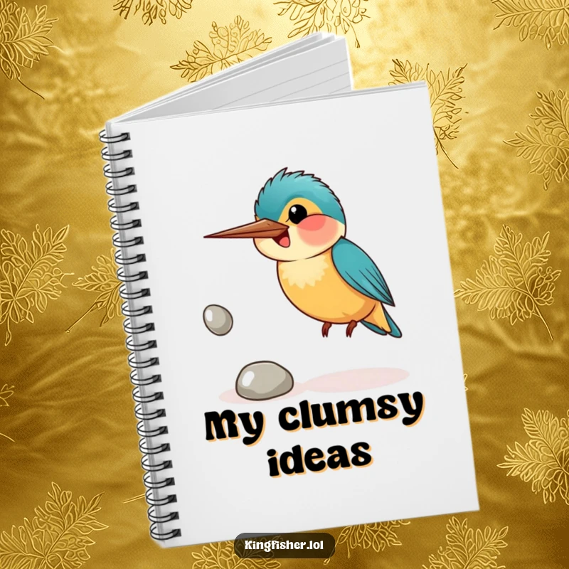 Funny notebook with a smiling kingfisher bird juggling pebbles, perfect for notes and tracking progress.