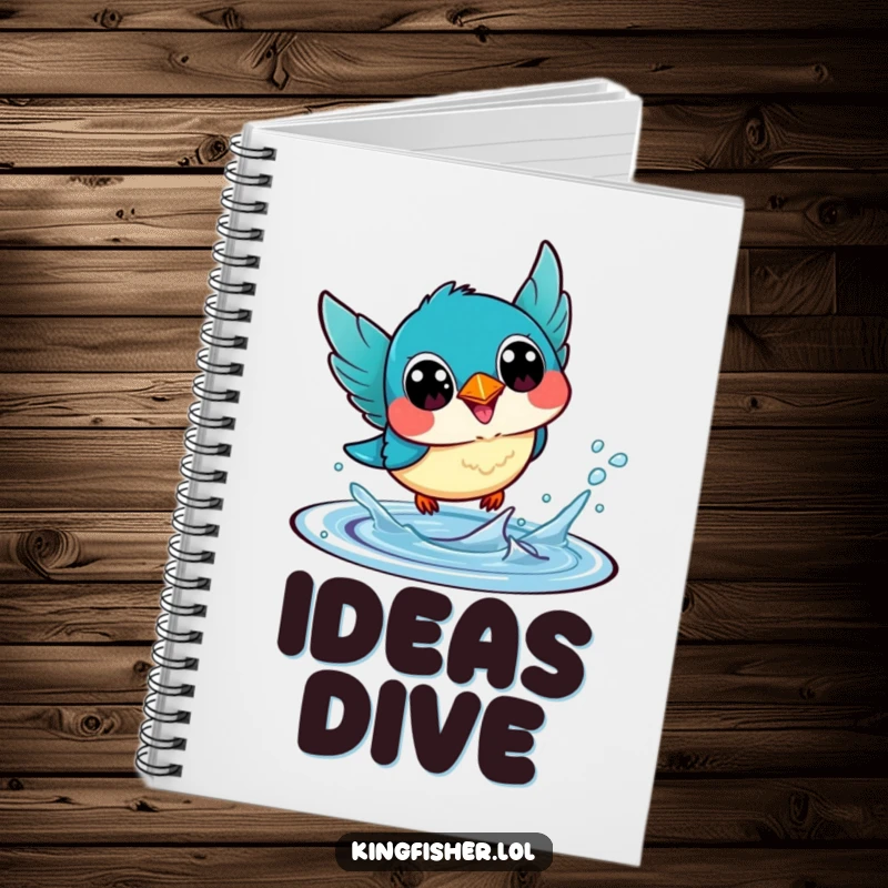 Funny Notebook: A kawaii kingfisher bird with exaggerated happy eyes, diving into water, perfect for jotting down inspired ideas.