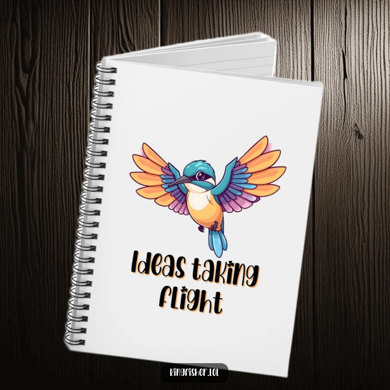Funny Kingfisher Notebook featuring a kawaii bird mid-flight with wings spread wide, trailing colorful feathers, ideal for notes and humorous writing.