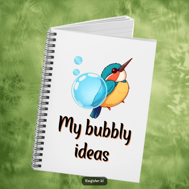 Funny notebook featuring a chubby kingfisher bird diving into a blue bubble, perfect for jotting down notes and ideas.